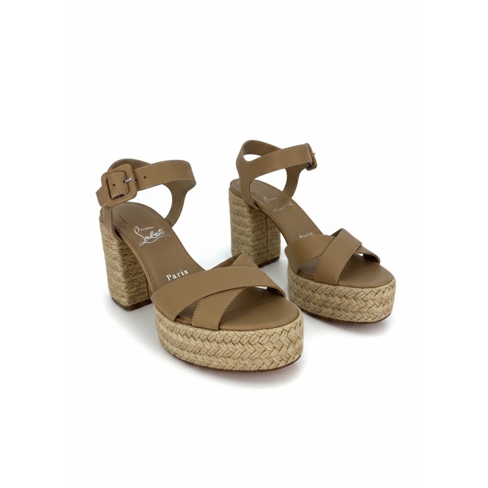 Christian Louboutin Calakala 85 Leather Platform Espadrille Mules Tan Size 36